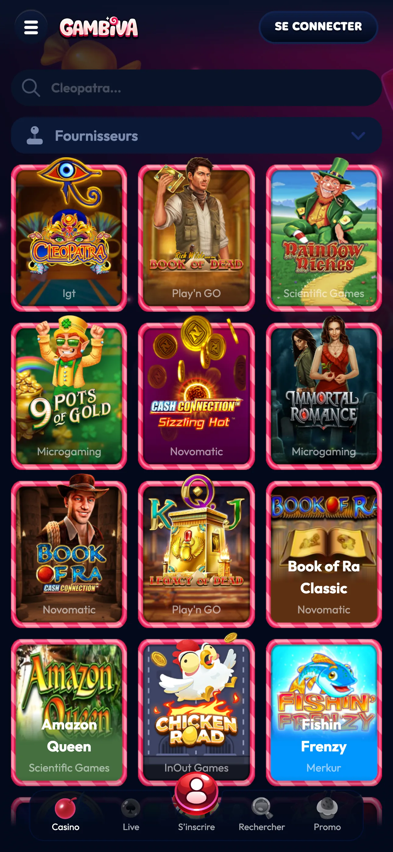Jeux Gambiva Casino affichés sur interface mobile