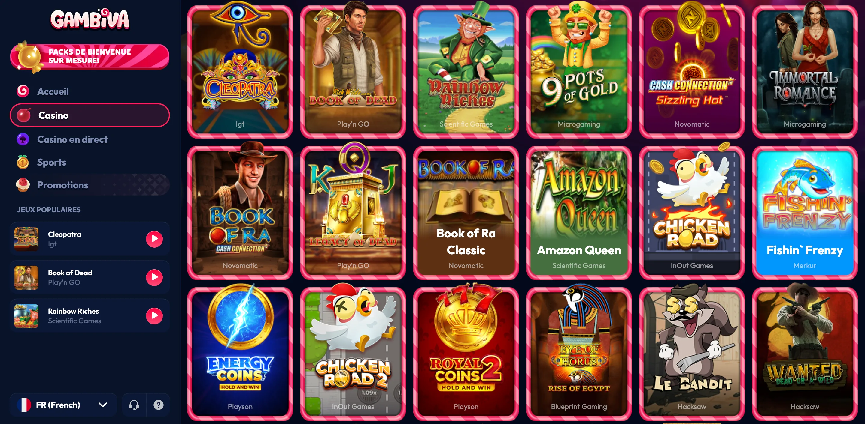 Sélection de jeux Gambiva Casino avec machines à sous et casino en direct