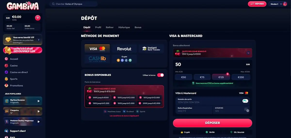 Dépôt Gambiva Casino depuis le caissier