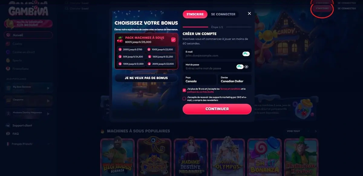 Formulaire d'inscription Gambiva Casino